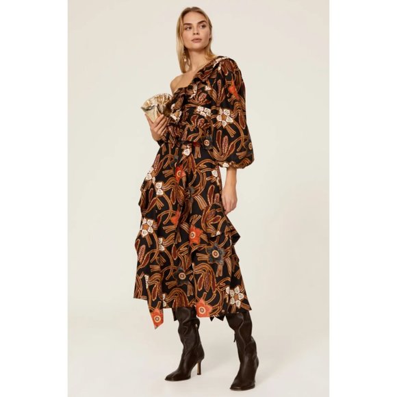 Ulla Johnson Dresses & Skirts - Ulla Johnson MARIAM Black Floral One Shoulder Ruffle Maxi Dress Size 6